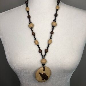 Vintage Wooden Beaded Elephant Trunk Up Necklace